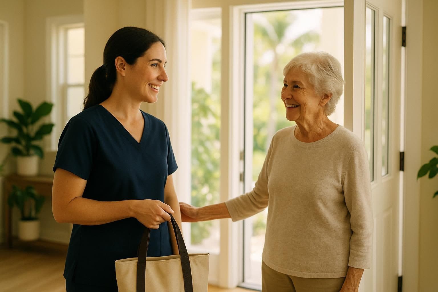A caregiver welcomed at the front door by an older woman