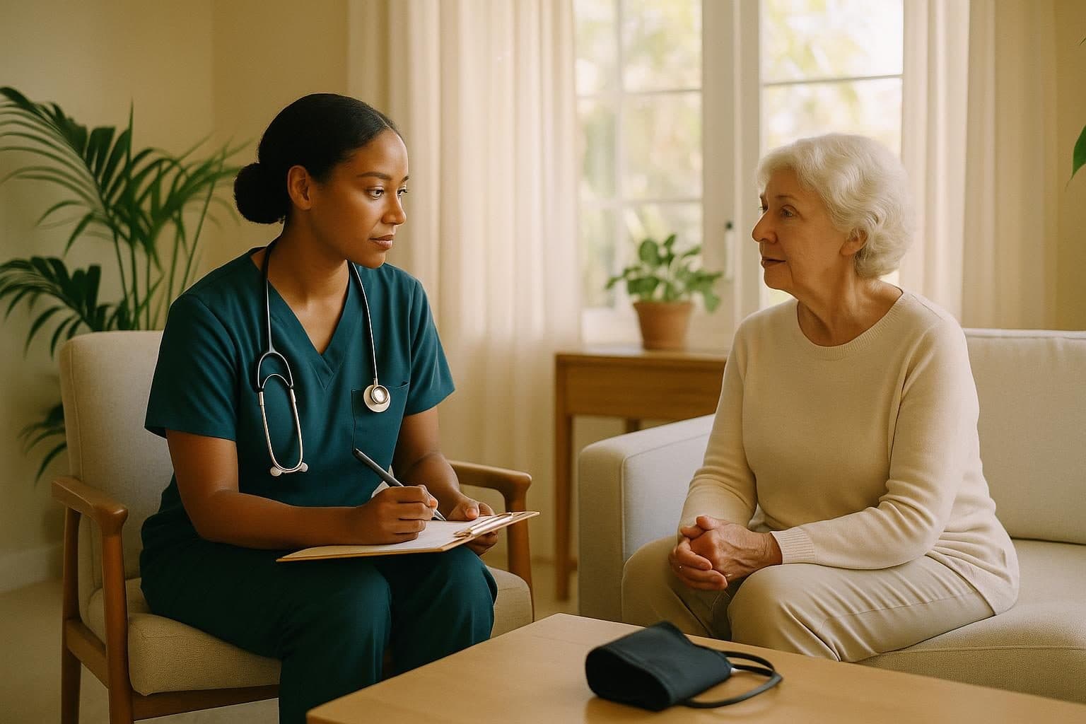 A registered nurse taking notes beside an older woman in her living room