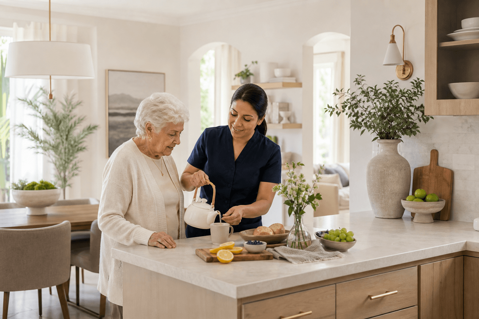 A care professional helping an older adult with tea in a bright home kitchen