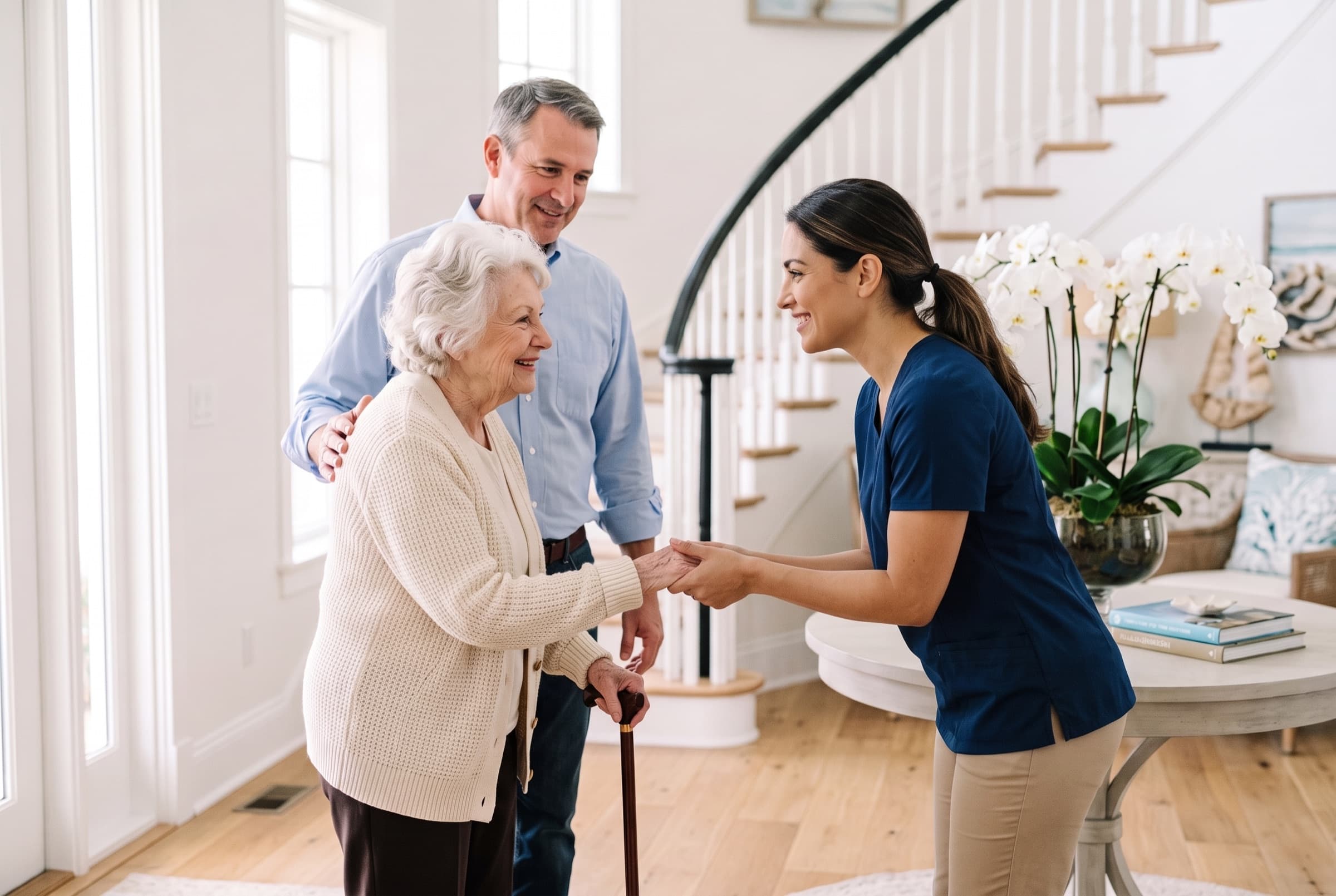 A caregiver meeting an older woman and her son for the first time