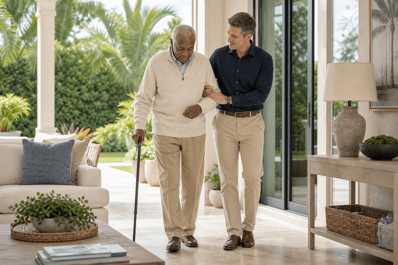 A care professional supporting an older adult with a cane near a garden-facing patio