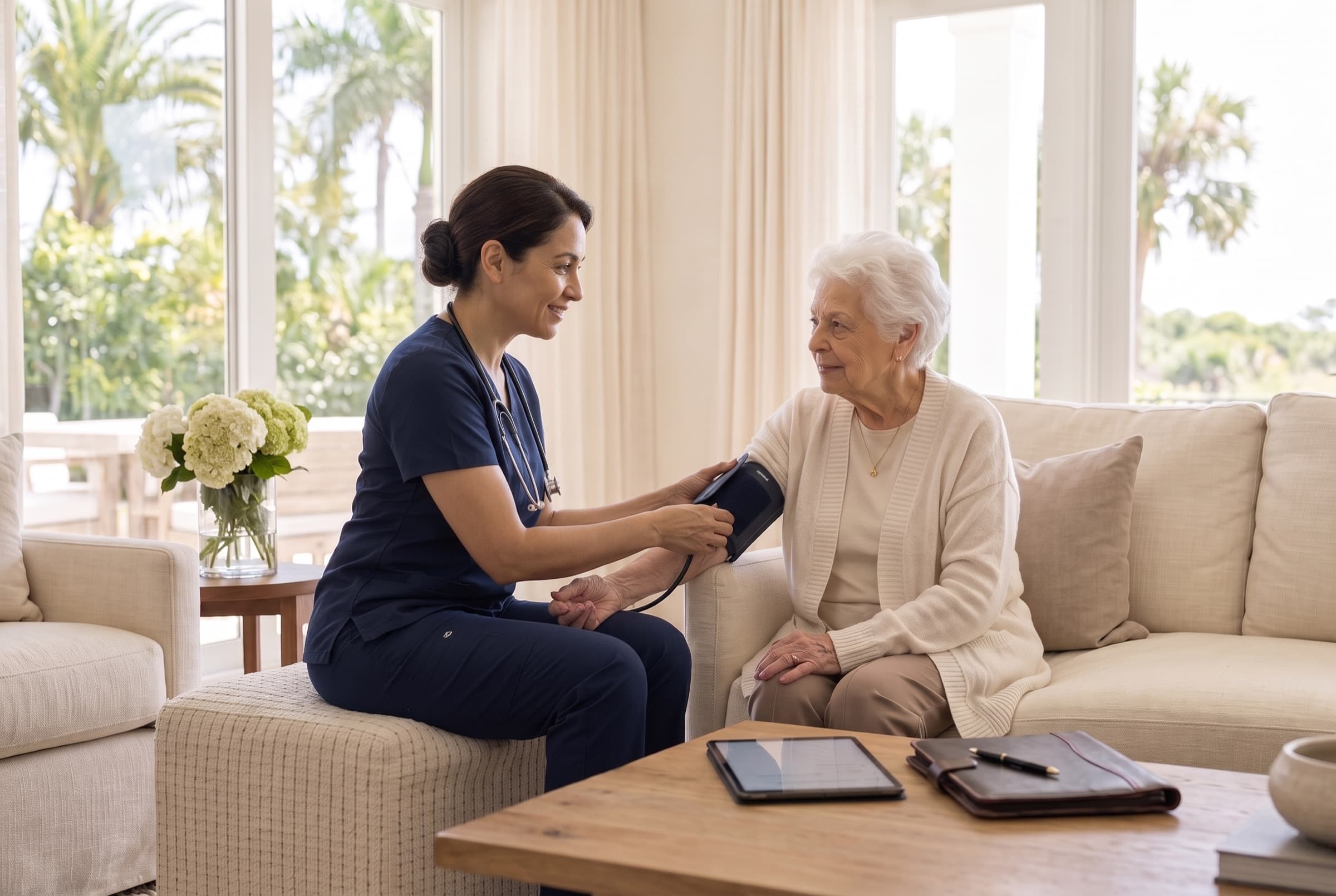 A registered nurse checking an older woman's blood pressure in her living room