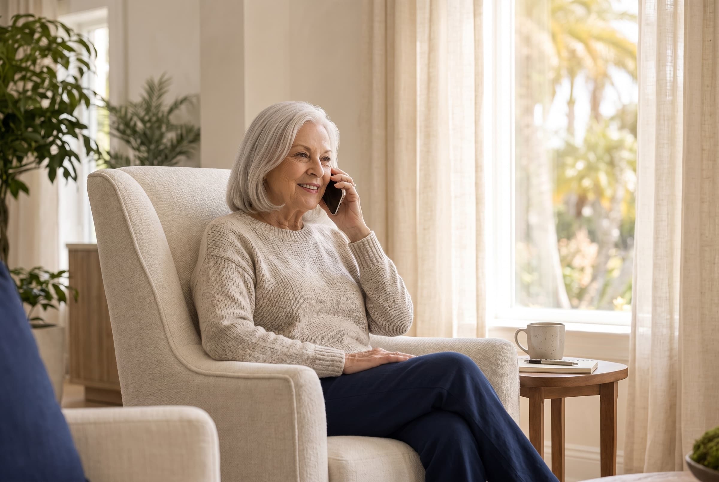 An older woman smiling on the phone in a sunlit armchair at home
