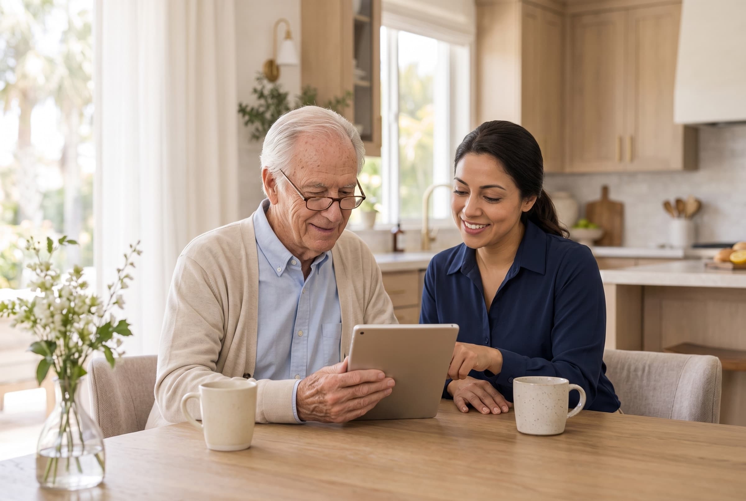 A caregiver and an older man reviewing the week's schedule on a tablet