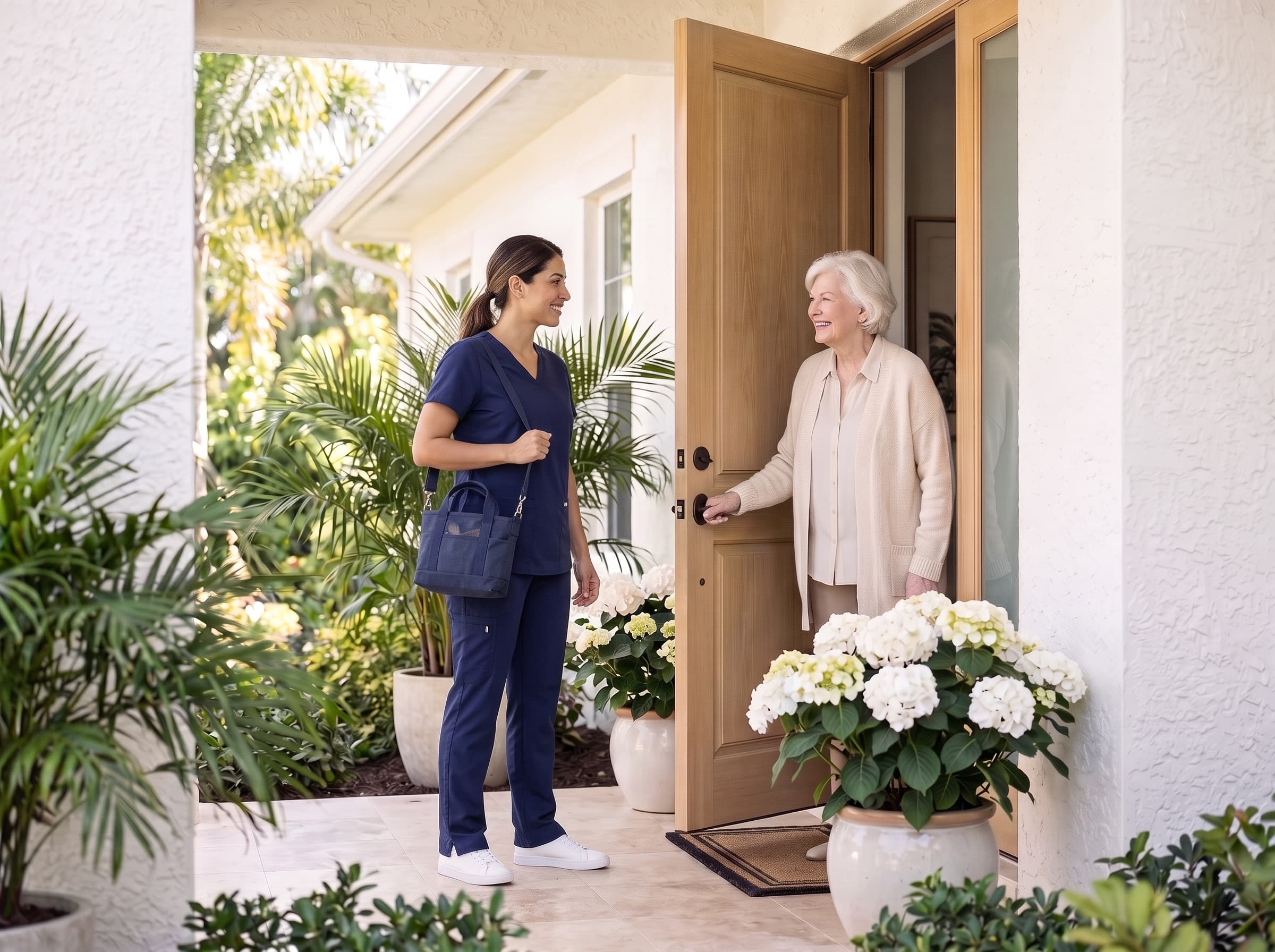 A caregiver in navy scrubs arriving at the front door, welcomed by an older woman