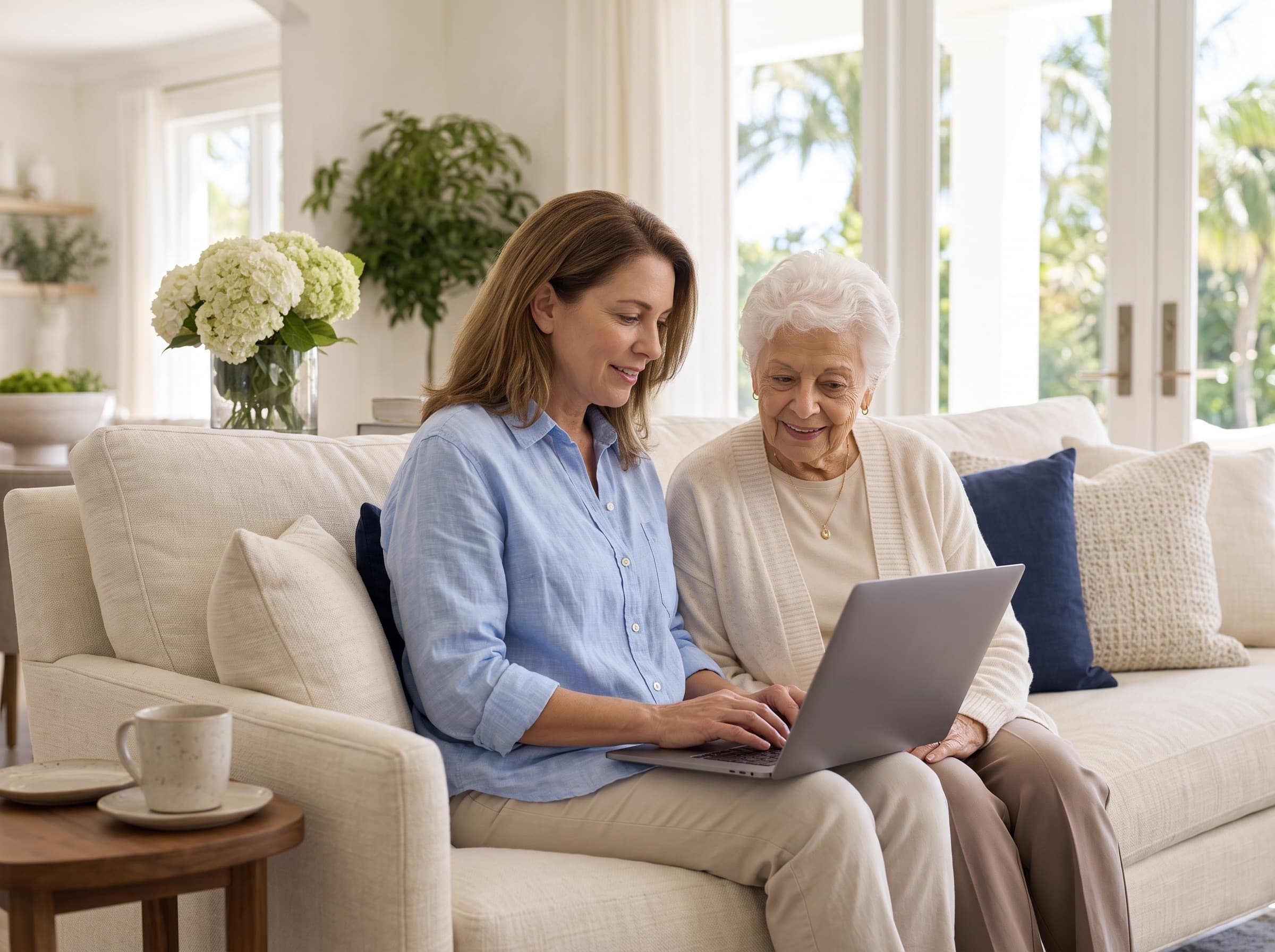 A daughter filling in a short care request on her laptop beside her mother